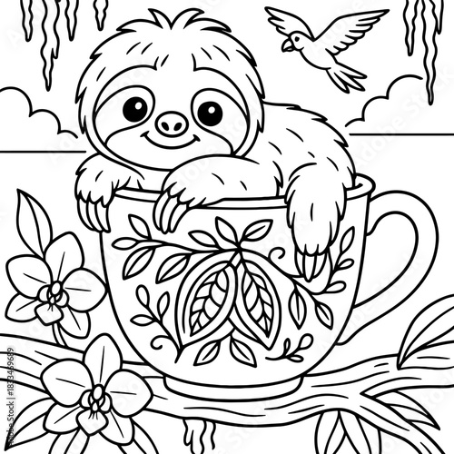Sloth in Cozy Mug: A charming illustration showcases a sloth perched contentedly within a beautifully decorated mug, accompanied by a small bird and floral accents.