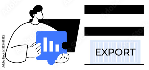 Person holding a blue data chart puzzle piece next to a computer with export options and bars. Ideal for data management, analytics, teamwork, exports, problem-solving, strategy, and business