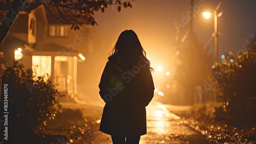 Woman Walking Alone at Night A Silhouette in the Foggy Evening