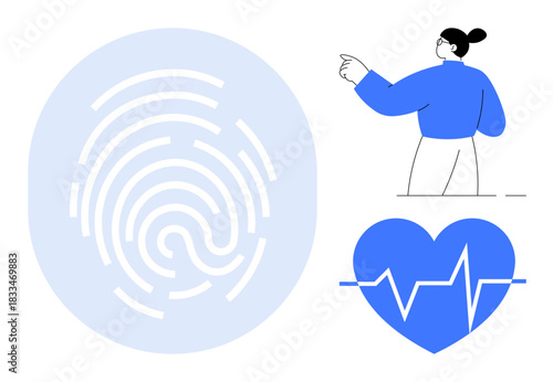 Biometrics, identity verification, personal health, technology, user authentication, data security. A fingerprint, a person pointing and a heart graphic. Biometrics and identity verification