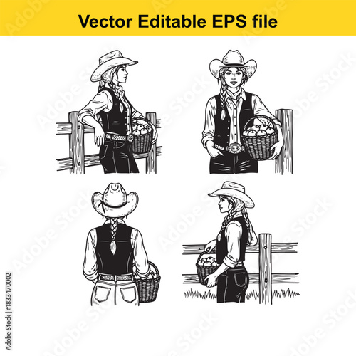 collection of four black and white vector illustrations depicting a female rancher or cowgirl wearing a cowboy hat and holding a basket of produce, shown from various angles near a wooden fence