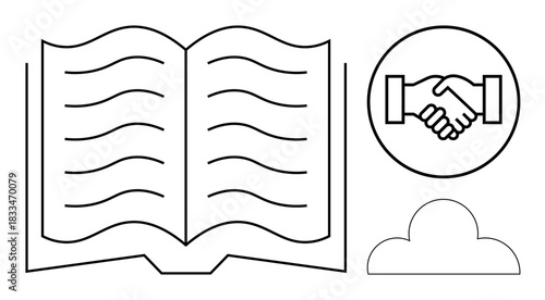 Knowledge concept. Open book knowledge sharing and learning. Handshake and cloud icons collaboration and data exchange in modern contexts. For education, business, cloud services, teamwork, data
