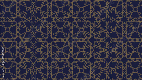 A repeating geometric pattern with intricate golden lines on a dark blue background.