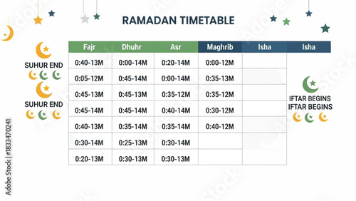 Ramadan Timetable Displayed on a White Background with Decorative Elements