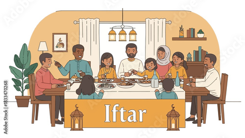 A diverse family gathers around a table for Iftar, a meal during Ramadan.