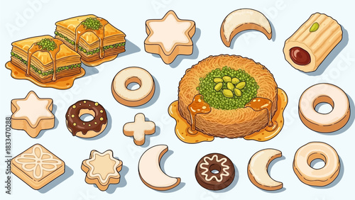 Collection of Middle Eastern sweets and pastries, including baklava and cookies.