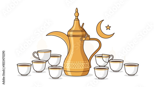 A traditional golden Arabic coffee pot, or dallah, served with small cups against a white background with an Islamic crescent moon.