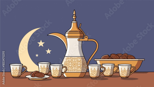 A traditional Arabic coffee pot with cups and dates, set against a crescent moon and stars background.