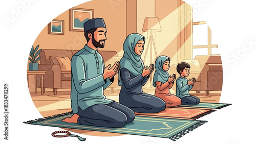 A Muslim family, including parents and two children, praying together on prayer mats in their sunlit living room.