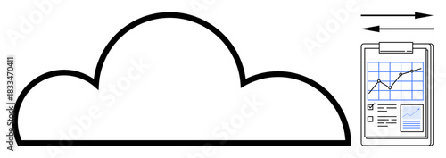 Cloud computing, data management, business analysis, technology, information systems, workflow optimization. Black cloud connected with arrows and a clipboard displaying data graphs. Cloud computing