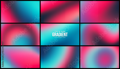 Set of blue pink fractal glass gradient backgrounds. Vibrant collection of fractal glass with soft luminous gradients. Vertical grooved glass textures with cool warm tones for modern visual design