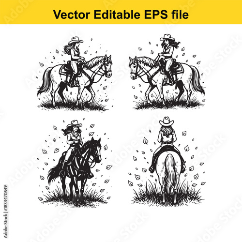 collection of four black and white vector illustrations depicting cowgirls riding horses from different angles, suitable for western theme designs