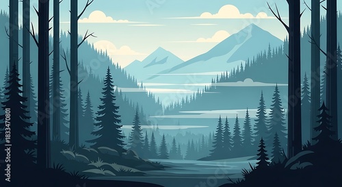 A serene forest landscape with a winding river flowing through a valley towards distant mountains under a hazy sky.