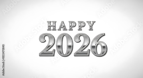 Happy 2026 New Year greeting with silver text on white background.