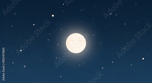 A bright, luminous full moon glows in a dark blue night sky filled with stars.