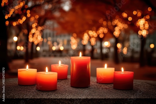 City evening glow, Lights and candles create warmth, Twilight scene with luminous candles and festive blur, Urban square illuminated by candles and soft festive bokeh ambiance
