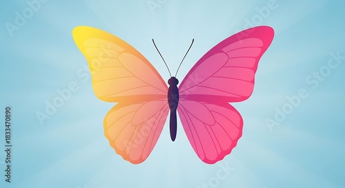 A vibrant butterfly with wings split into yellow-orange and pink-magenta colors against a light blue radiant background.