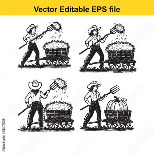 vector illustration set showing farmers loading hay and a pumpkin onto wooden carts using pitchforks, presented in a fourpanel black and white graphic style