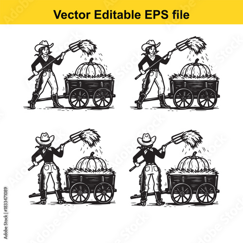 four variations of a vintage vector illustration showing a cowboy or cowgirl using a pitchfork to handle hay or straw next to a wagon loaded with a large pumpkin, presented as an editable eps file