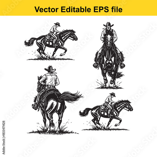 collection of four detailed black and white vector illustrations depicting cowboys riding horses from various dynamic angles, perfect for western themes