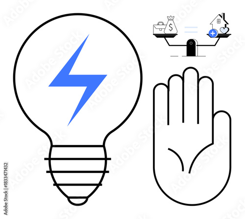 Energy concept. Energy symbols thumbs up lightbulb and lightning for innovation and efficiency. Energy linked to sustainability, balance, and renewable power ideas. For technology, green energy