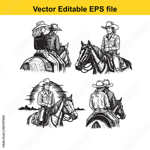collection of four black and white vector illustrations depicting cowboys and cowgirls riding horses in various poses, suitable for western theme design elements