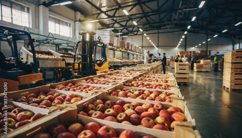 Bountiful apple harvest operation, meticulously sorted by farm workers in a vast warehouse, ready for distribution and delighting customers worldwide
