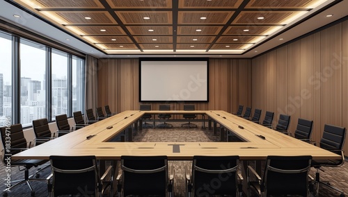 Conference room interior with large wooden table, office chairs and big whiteboard. Concept of business negotiation. 3d rendering. 