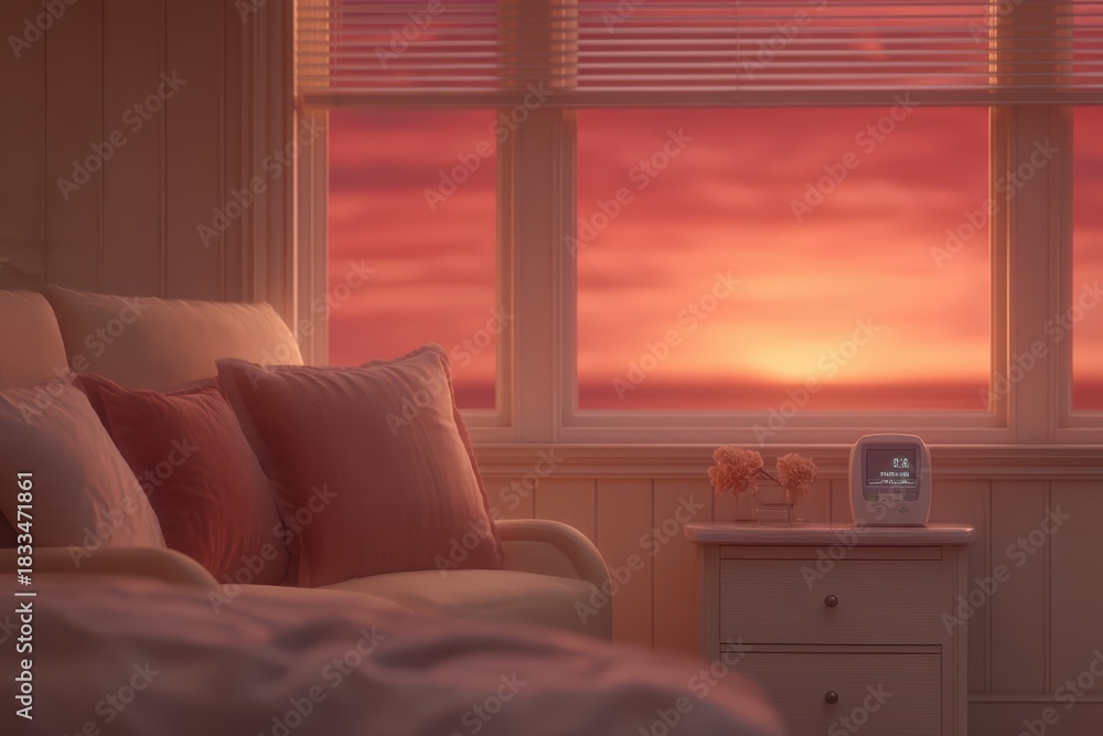 Fototapeta premium Cozy evening sanctuary, Gentle sunset illuminates peaceful sleeping corner, Soft evening hues fill quiet bedroom designed for restful solitude and creative inspiration