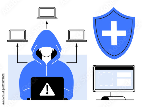 Cybersecurity, hacking, data protection, online safety, identity verification, network security. Hoodie-clad hacker at laptop, shield with cross and connected devices. Cybersecurity and hacking
