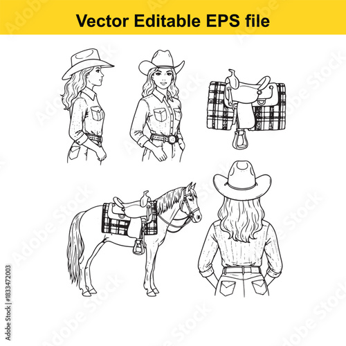 collection of black and white line art illustrations featuring cowgirls, a saddled horse, and a western saddle, perfect for vector editable eps files