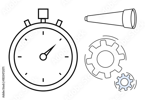 Time management, process improvement, business planning, teamwork, innovation, productivity. Stopwatch, telescope and gears in minimal style. Time management and process improvement concepts