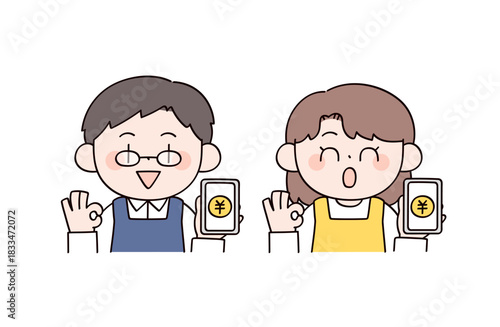 スマホを持った主婦や主夫をイメージした男女2人のイラスト