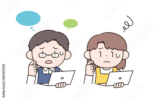 パソコンを操作する主婦や主夫をイメージした男女2人のイラスト