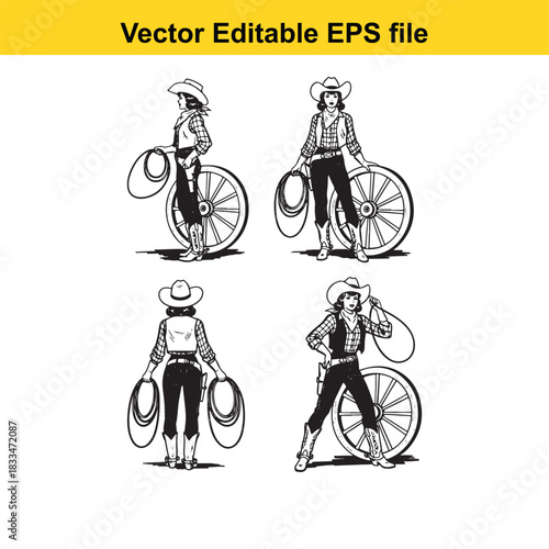 collection of four black and white vector illustrations depicting cowgirls in classic western attire posing with lasso ropes and wagon wheels, isolated on white background