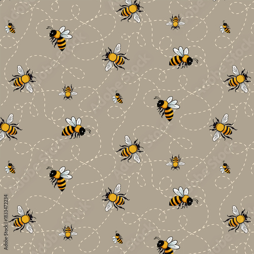 Stinging and buzzing insects on a gray background with a dotted line.Vector seamless pattern with flying bees on a gray background.