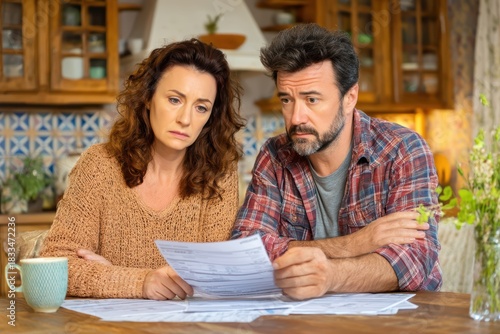 Couple deals with bills, Coupled individuals face financial concern together, Distressed partners discuss urgent financial documents amid bright daytime kitchen setting