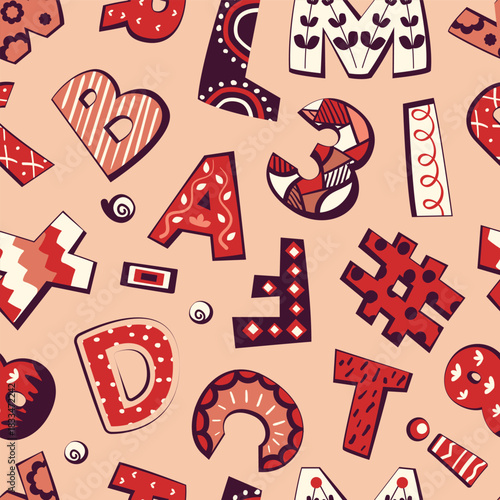 cute alphabet pattern. Christmas font, funny letters, holiday festive font type. vector cartoon seamless pattern.