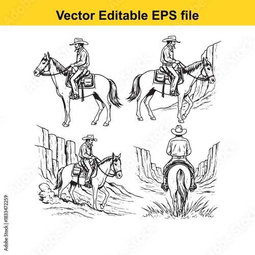 collection of four black and white vector illustrations depicting cowboys riding horses in various western landscapes and poses, perfect for historical or adventure themes