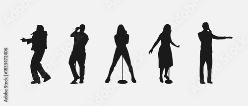 Silhouettes of singers. Vocalist with different poses. Isolated vector illustration.