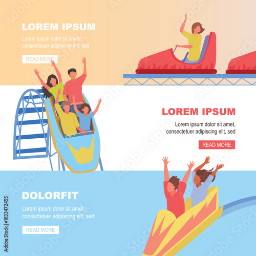 roller coaster banner. happy guys in amusement park, vacation experience. vector cartoon horizontal banners.