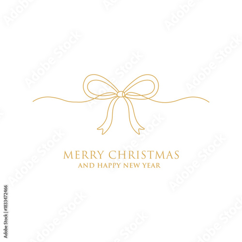 Luxury gold Christmas greeting card template vector; Minimalist ribbon bow line art design; Merry Christmas and Happy New Year background