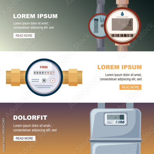 gas meters banner. household electric counter for power consumption accounting, energy supply control panel. vector cartoon horizontal banners.