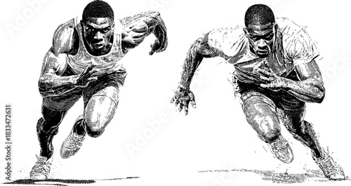 Vintage Engraving Sprinter Set, Dynamic Runners in Motion, Black White Athletic Illustration Vector on Transparent Background