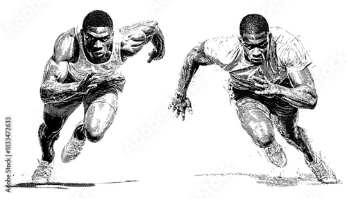 Vintage Engraving Sprinter Set, Dynamic Runners in Motion, Black White Athletic Illustration Vector on Transparent Background