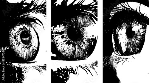 Psychology Eye Set, Dramatic High-Contrast Human Gaze Illustrations, Emotional Black White Engraving Vector on Transparent Background