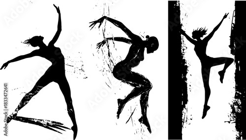Psychology Dance Silhouettes, Abstract Human Motion and Inner Energy Concept, Grunge Emotional Vector Figures on Transparent Background