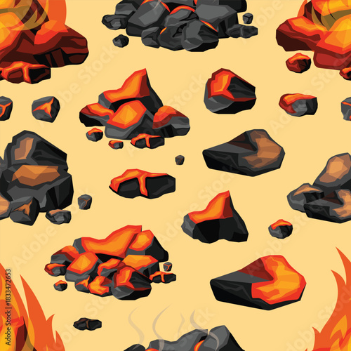 burning embers pattern. hot black coals for grill and barbecue, smoldering coal briquette glowing in fireplace, ash warm pieces. vector cartoon seamless pattern.