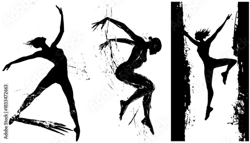 Psychology Dance Silhouettes, Abstract Human Motion and Inner Energy Concept, Grunge Emotional Vector Figures on Transparent Background