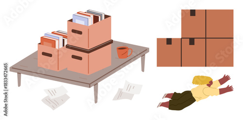 Document boxes on table with papers and coffee mug, stacked cardboard boxes, person jumping forward. Ideal for organization, creativity, productivity, workplace, moving storage simplicity. Fun flat
